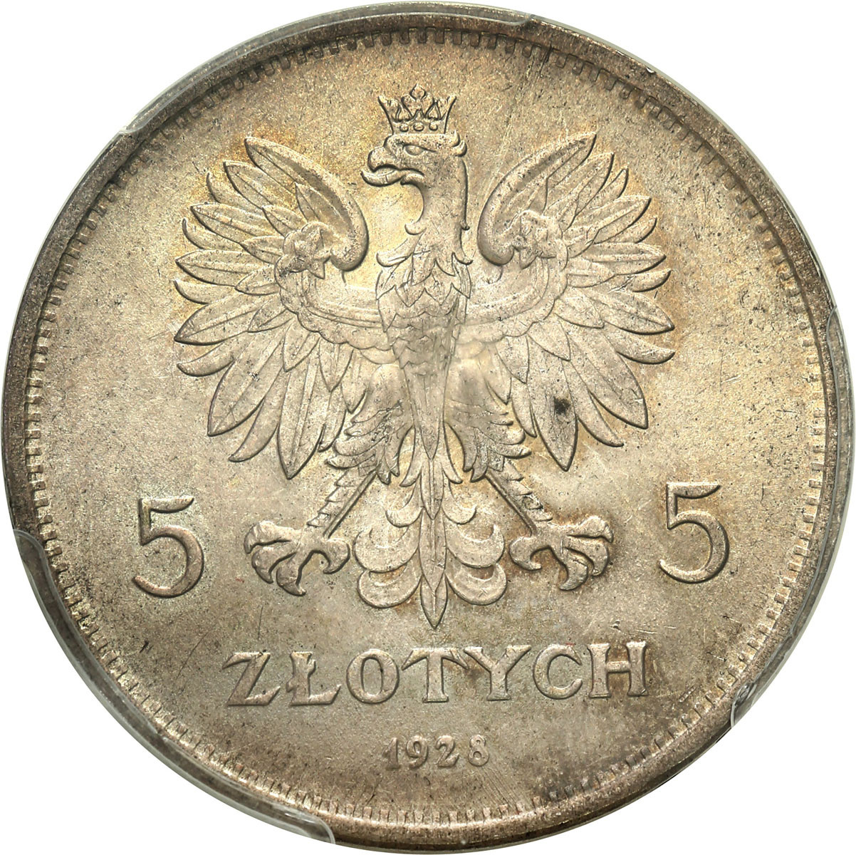 II RP. 5 złotych 1928 Nike (ze znakiem) PCGS MS62 - PIĘKNA